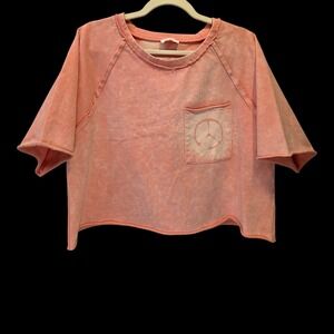 Pink Lily Cropped Sweatshirt XL Raw Hem Peace Sign Bleached